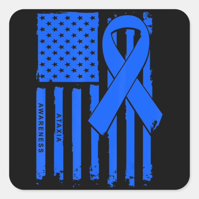 American Flag Blue Ribbon Ataxia Awareness T-Shirt Square Sticker (Front)