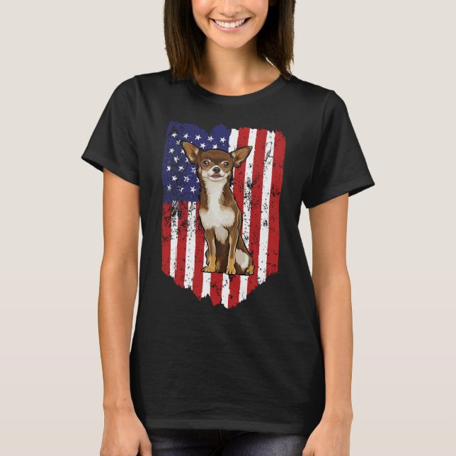 American Flag Brown Chihuahua 4th Of July Usa T-Shirt (Front)