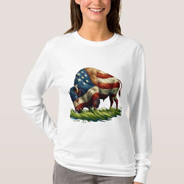 American  Flag Buffalo Bison T-Shirt (Front)