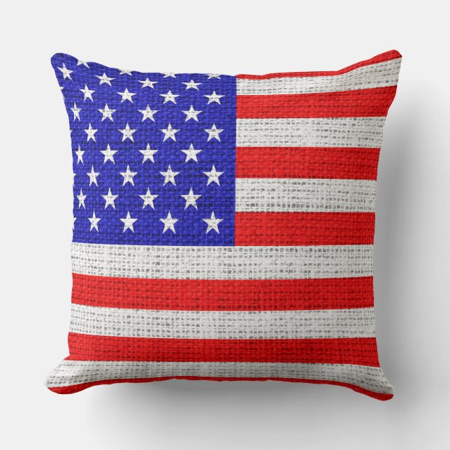 American Flag Burlap Linen Rustic Jute Throw Pillow (Front)