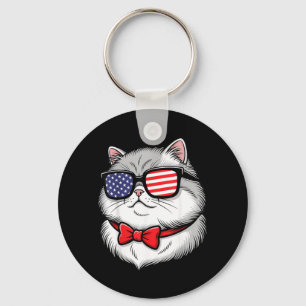 American Flag Cat 4th of July Patriotic Red White Keychain