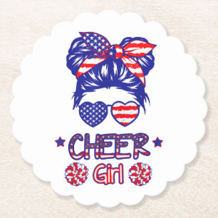American Flag Cheer Girl 4th July USA Patriotic Ch Paper Coaster