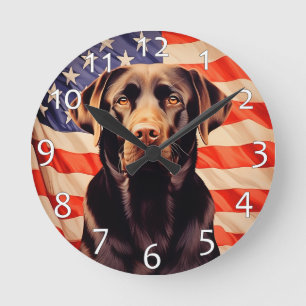 American Flag Chocolate Labrador Round Clock