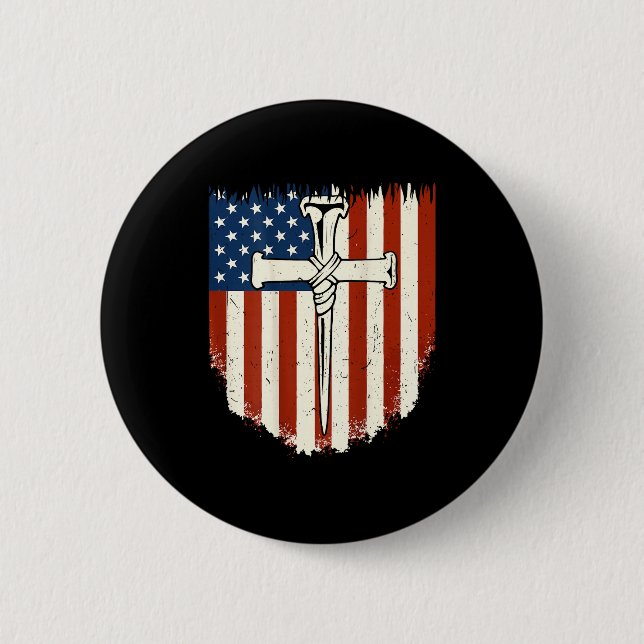 American Flag Cross 3 Nail Patriotic Christian Dom 2 Inch Round Button (Front)
