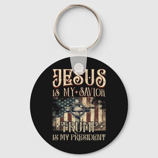 American Flag Cross Jesus Is My Saviour Trump Is M Keychain (Front)