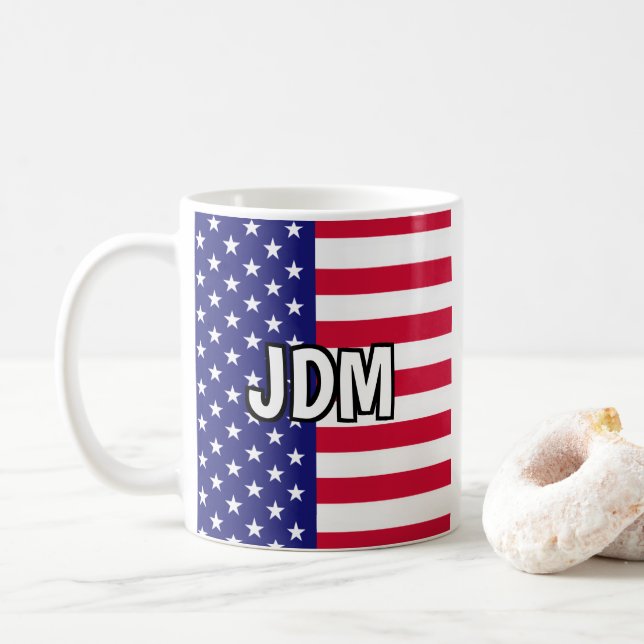 American Flag Custom Initials Coffee Mug (With Donut)