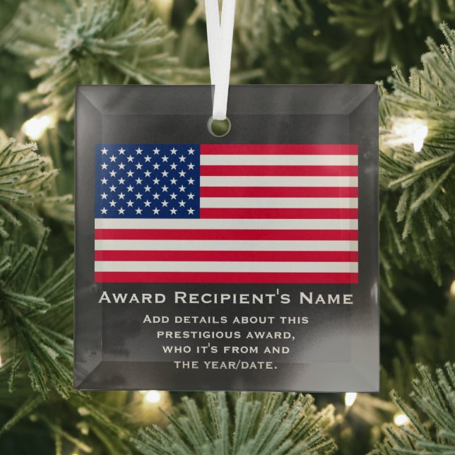 American Flag Custom Personalized Patriotic Award Glass Ornament (Insitu)