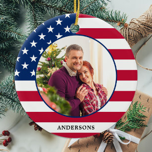American Flag Custom Photo USA Patriotic Christmas Ceramic Ornament