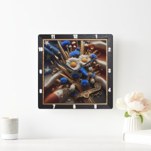 American Flag Daisies Patriotic Square Wall Clock