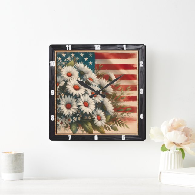 American Flag Daisies Patriotic Square Wall Clock (Home)