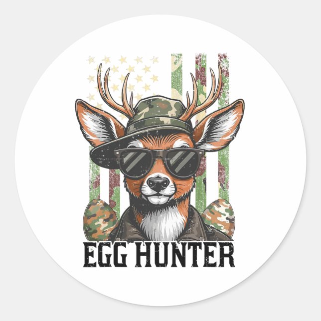 American Flag Deer And Camo Cap Egg Hunter Retro E Classic Round Sticker (Front)
