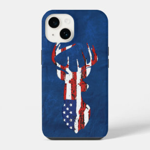 American Flag Deer on Blue Leather iPhone 14 Case