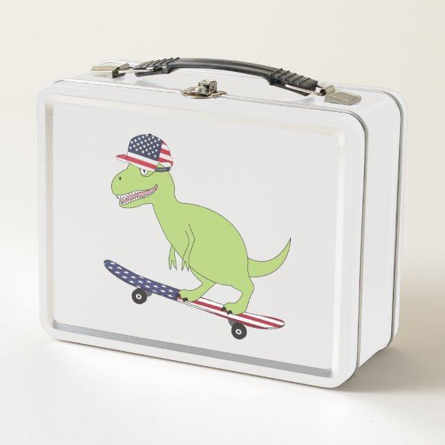 American Flag Dinosaur Skateboarding Metal Lunch Box (Front)