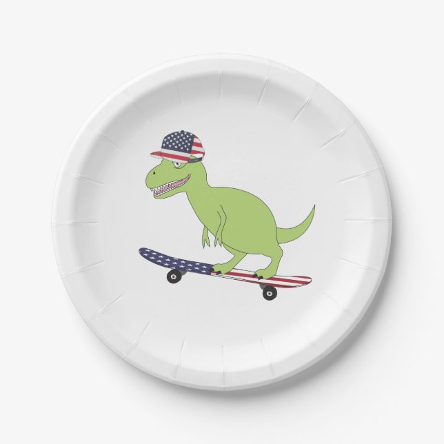 American Flag Dinosaur Skateboarding Paper Plate (Front)