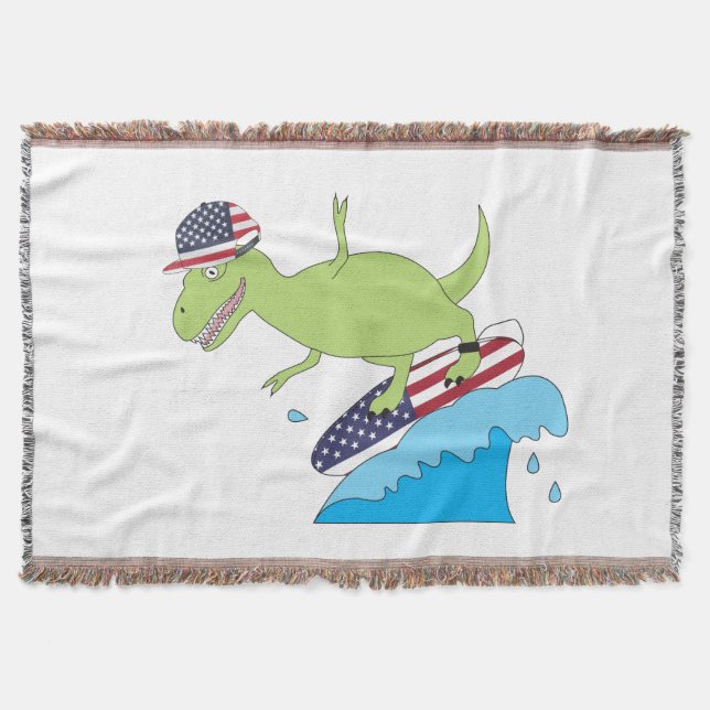 American Flag Dinosaur Surfing Throw Blanket (Front)