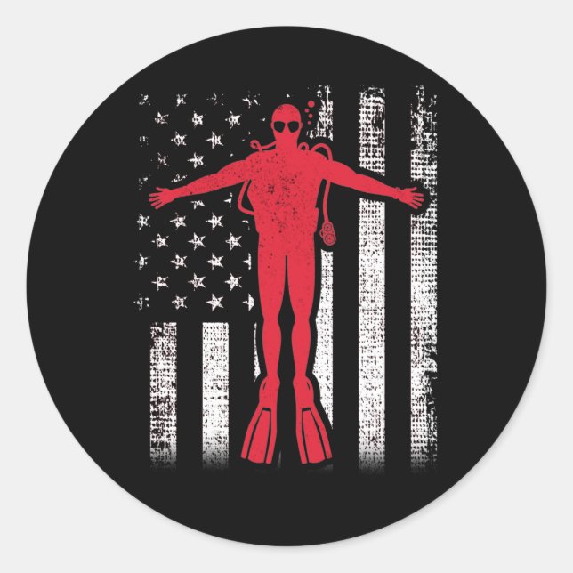 American Flag Diver Patriotic Scuba Diving Classic Round Sticker (Front)