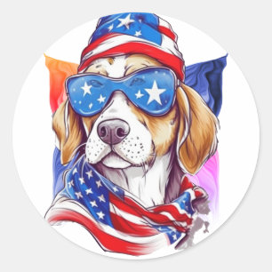 American Flag Dog 4th July Classic Round Sticker