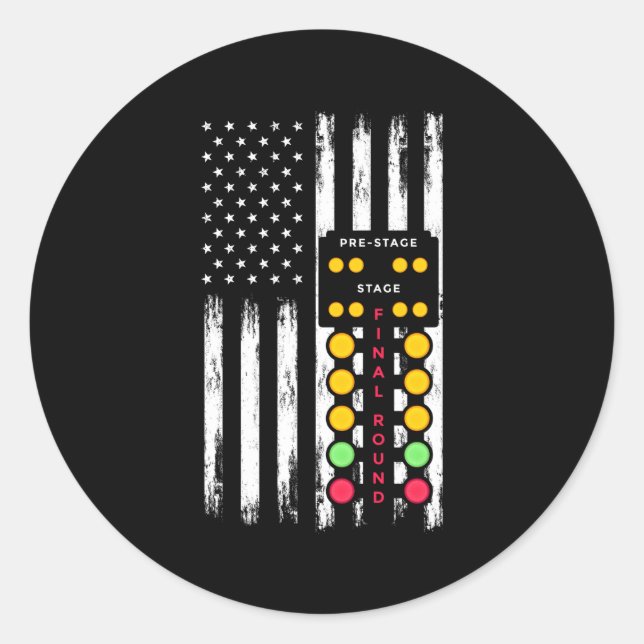American Flag Drag Strip Auto Tree Light Racecar D Classic Round Sticker (Front)