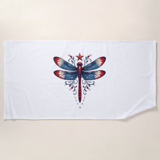 American Flag Dragonfly Patriotic 4th of July Red  Beach Towel