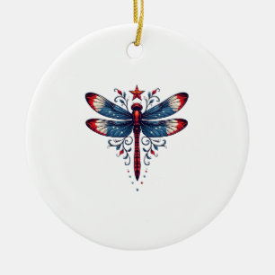 American Flag Dragonfly Patriotic 4th of July Red Ceramic Ornament