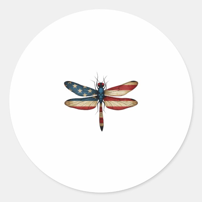 American Flag Dragonfly Patriotic 4th of July Red  Classic Round Sticker (Front)