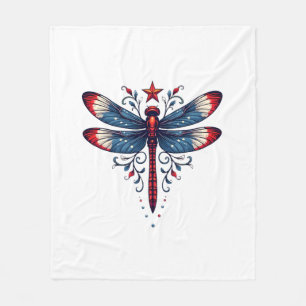 American Flag Dragonfly Patriotic 4th of July Red  Fleece Blanket