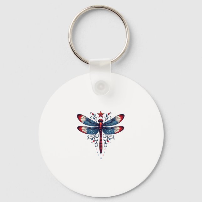 American Flag Dragonfly Patriotic 4th of July Red  Keychain (Front)