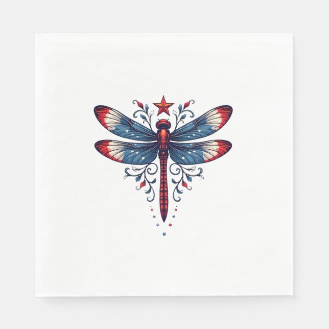 American Flag Dragonfly Patriotic 4th of July Red  Napkin (Front)