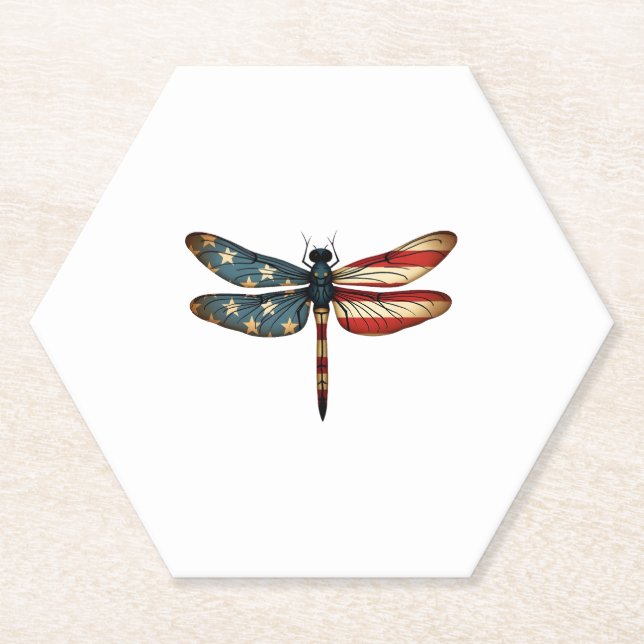 American Flag Dragonfly Patriotic 4th of July Red  Paper Coaster (Front)