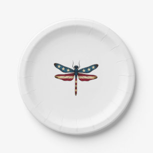 American Flag Dragonfly Patriotic 4th of July Red  Paper Plate