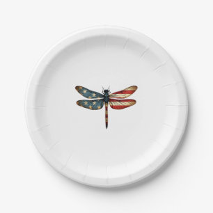 American Flag Dragonfly Patriotic 4th of July Red  Paper Plate