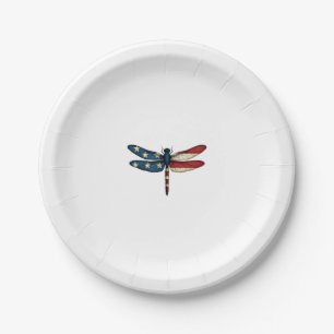 American Flag Dragonfly Patriotic 4th of July Red  Paper Plate