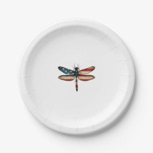 American Flag Dragonfly Patriotic 4th of July Red  Paper Plate
