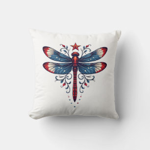 American Flag Dragonfly Patriotic 4th of July Red Throw Pillow