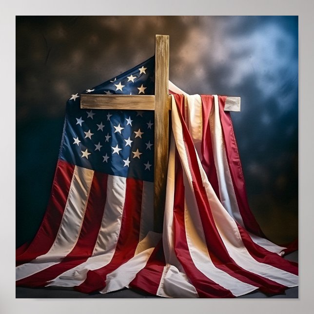 American flag draped over Christian cross  Poster (Front)