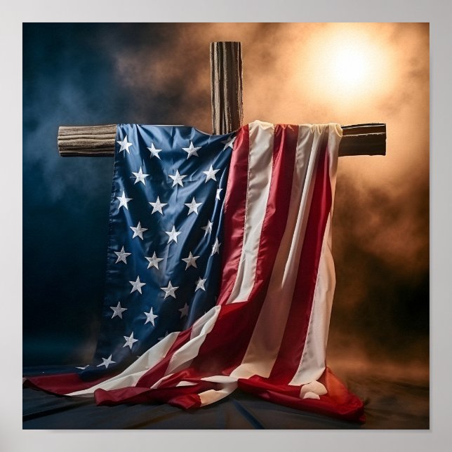 American flag draped over Christian cross Poster (Front)