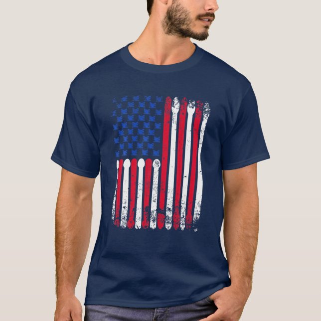 American Flag Drumsticks Vintage Drummer T-Shirt (Front)