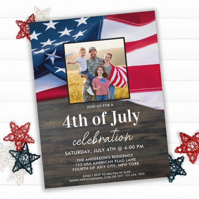 American Flag Family Photo 4th Of July Party Invitation Postcard (Creator Uploaded)