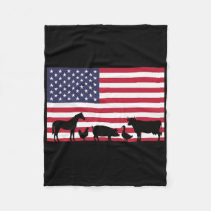 American Flag Farm Animals Horse Cow Pig Chicken P Fleece Blanket