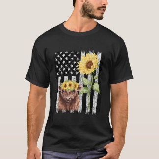 American Flag Farm Cow Farming Highland T-Shirt