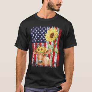 American Flag Farm Cow Sunflower Farming Heifer T-Shirt