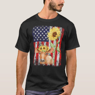 American Flag Farm Cow Sunflower Farming Heifer    T-Shirt