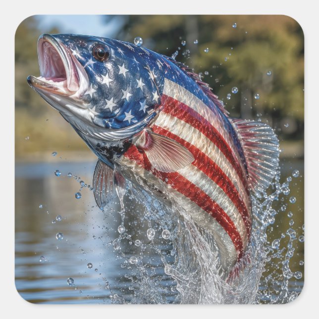 American Flag Fish Leaping out of Water Square Sticker (Front)