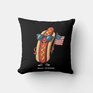 American Flag Funny Hotdog Sunglasses 4th of July Throw Pillow