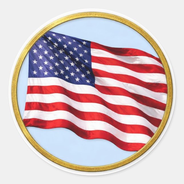 American Flag Gold Trim Round Sticker – Patriotic (Devant)