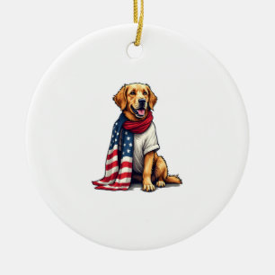 American Flag Golden Retriever Engraved Dog Lover  Ceramic Ornament