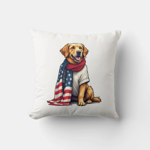 American Flag Golden Retriever Engraved Dog Lover  Throw Pillow