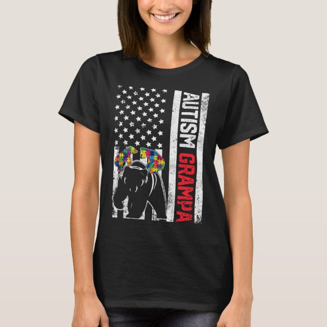 American Flag Grampa Bear Autism Awareness Support T-Shirt (Front)