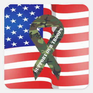 American Flag Green Camo Support Our Troops Square Sticker