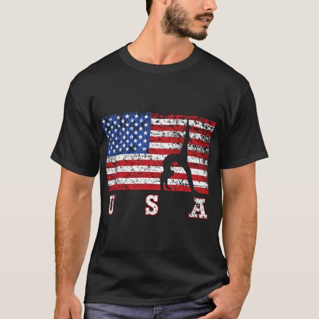 American Flag Gymnastics USA Gift, Tumbling Team T-Shirt (Front)